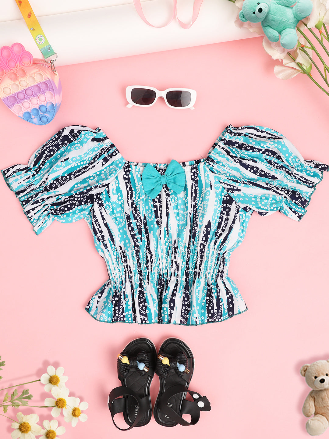 Cutiekins Girls Abstract Printed Puff Sleeve Cinched Waist Top -Turquoise Blue & Off White