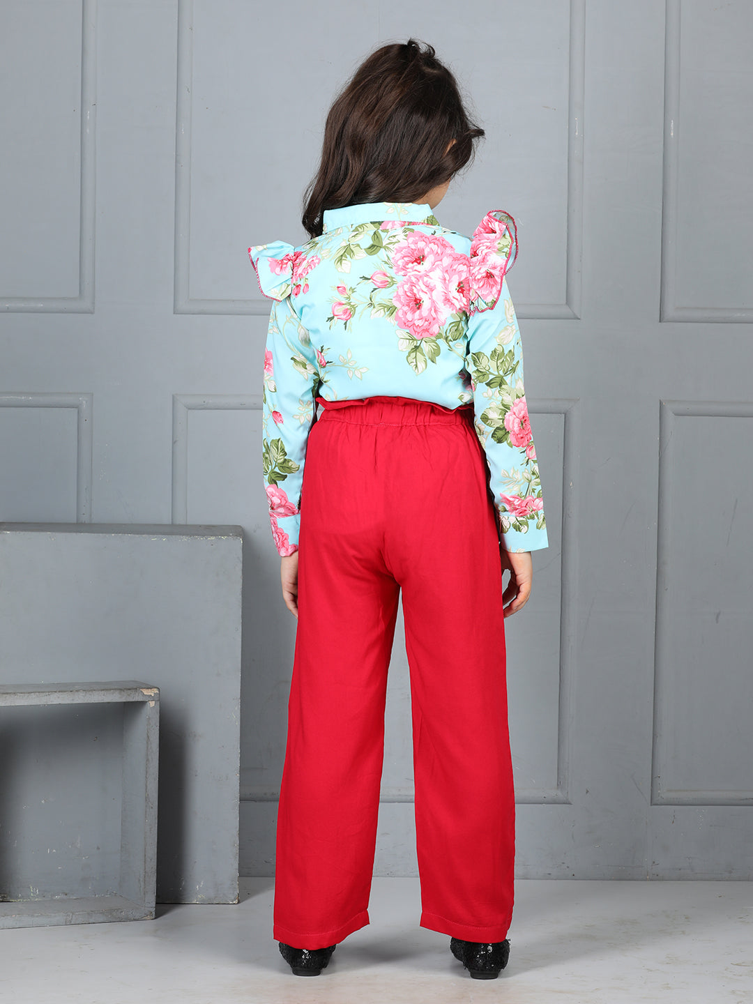 Cutiekins Girls Shirt Style Floral Printed Top With Solid Trouser -Sky Blue & Red