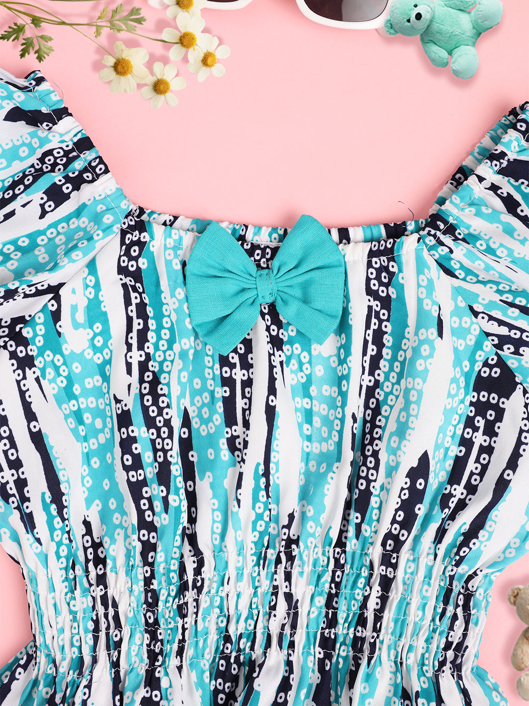 Cutiekins Girls Abstract Printed Puff Sleeve Cinched Waist Top -Turquoise Blue & Off White