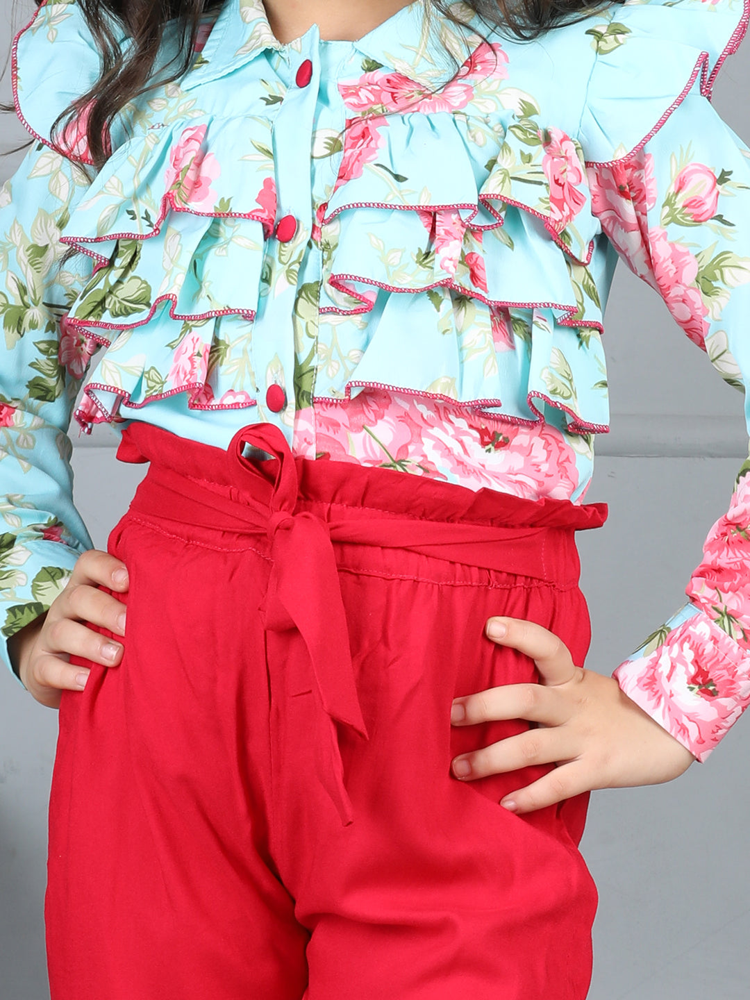 Cutiekins Girls Shirt Style Floral Printed Top With Solid Trouser -Sky Blue & Red