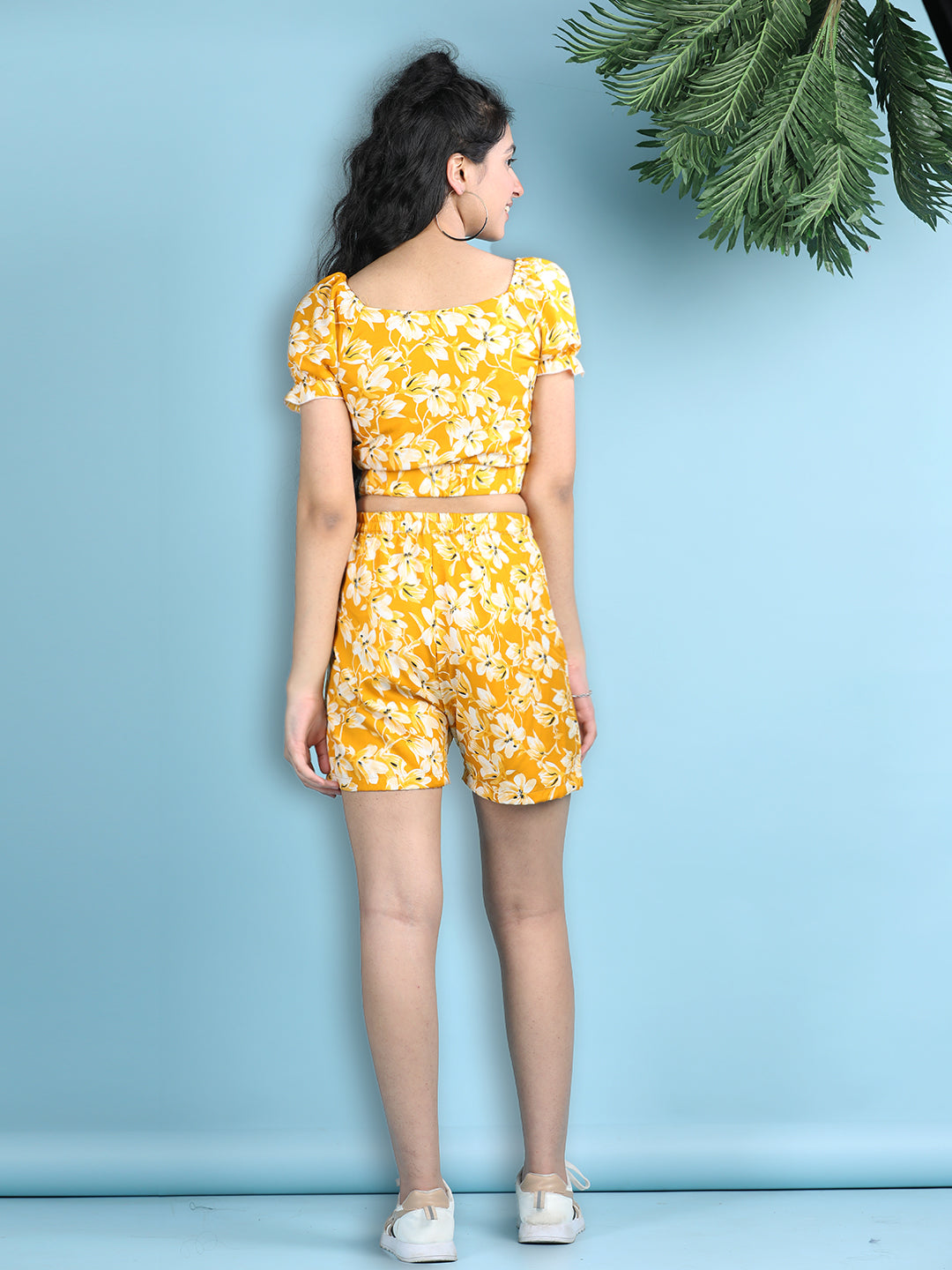 Cutiekins Girls Printed Embellished Top with Solid Shorts -Mustard & White