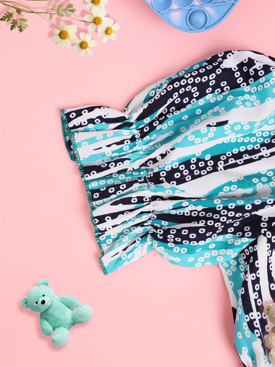 Cutiekins Girls Abstract Printed Puff Sleeve Cinched Waist Top -Turquoise Blue & Off White