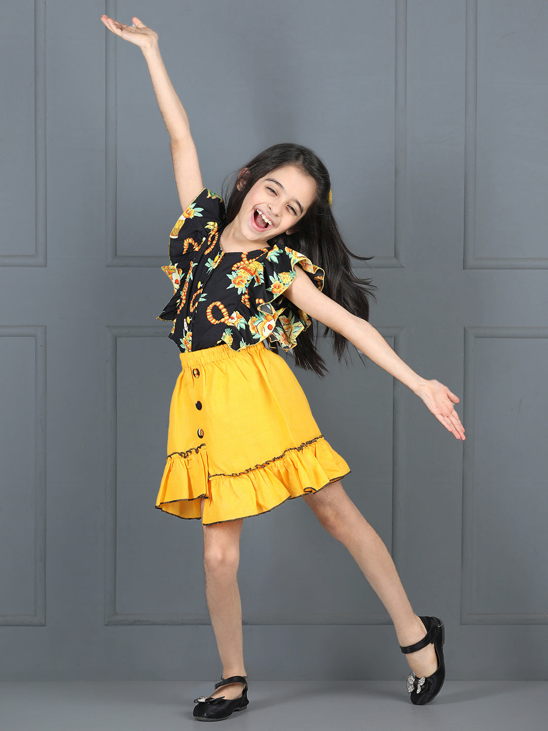 Cutiekins Girls Shirt Style Floral Printed Top With Solid Skirt -Black & Mustard