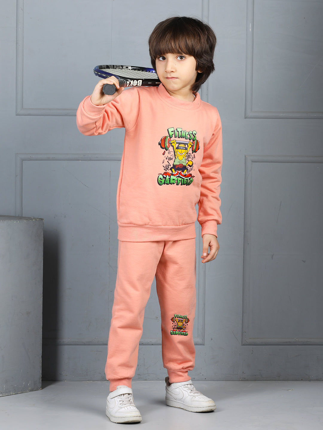 Cutiekins Boys Graphic Print cozy Tracksuit -Peach & Green