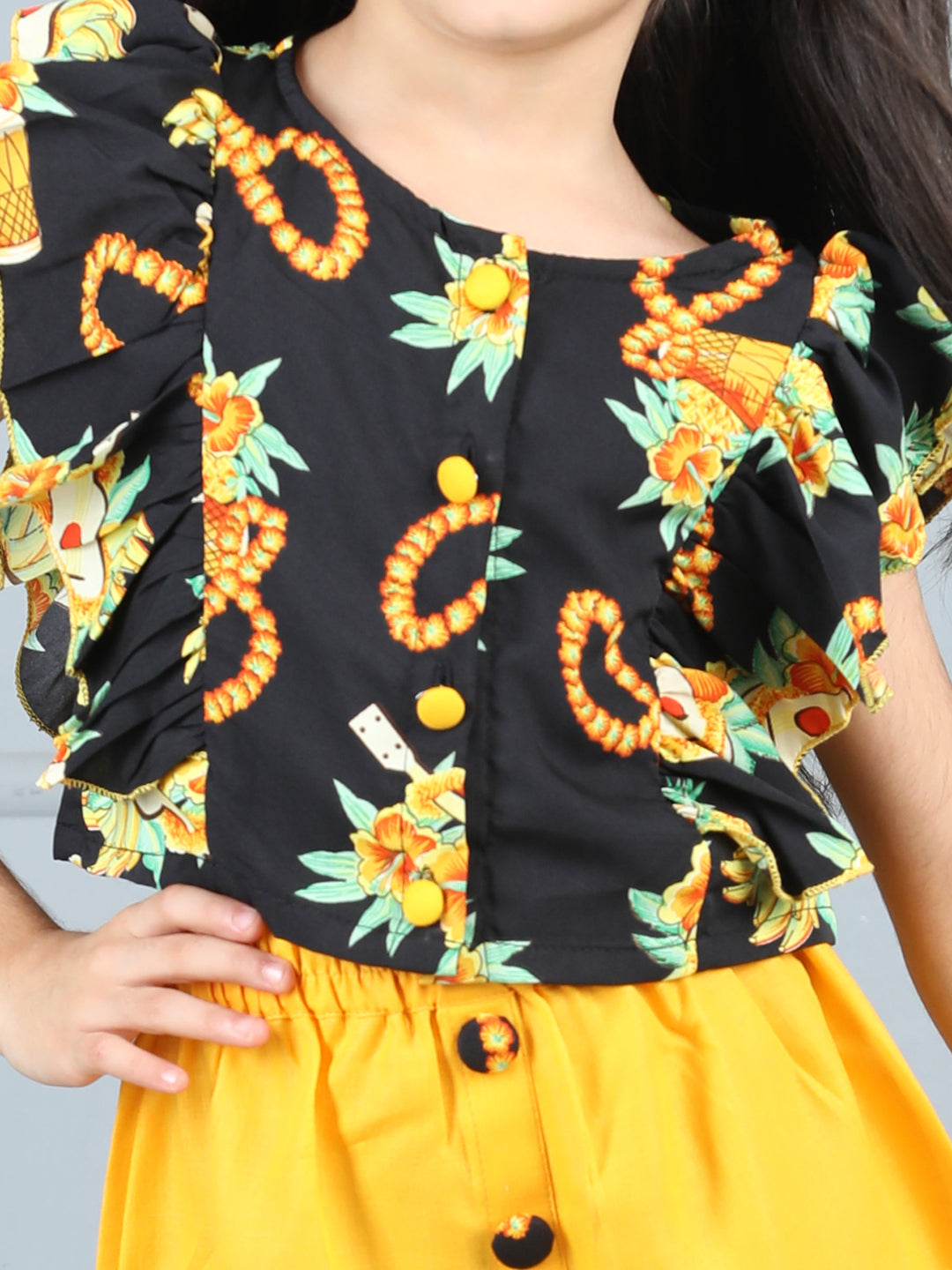 Cutiekins Girls Shirt Style Floral Printed Top With Solid Skirt -Black & Mustard