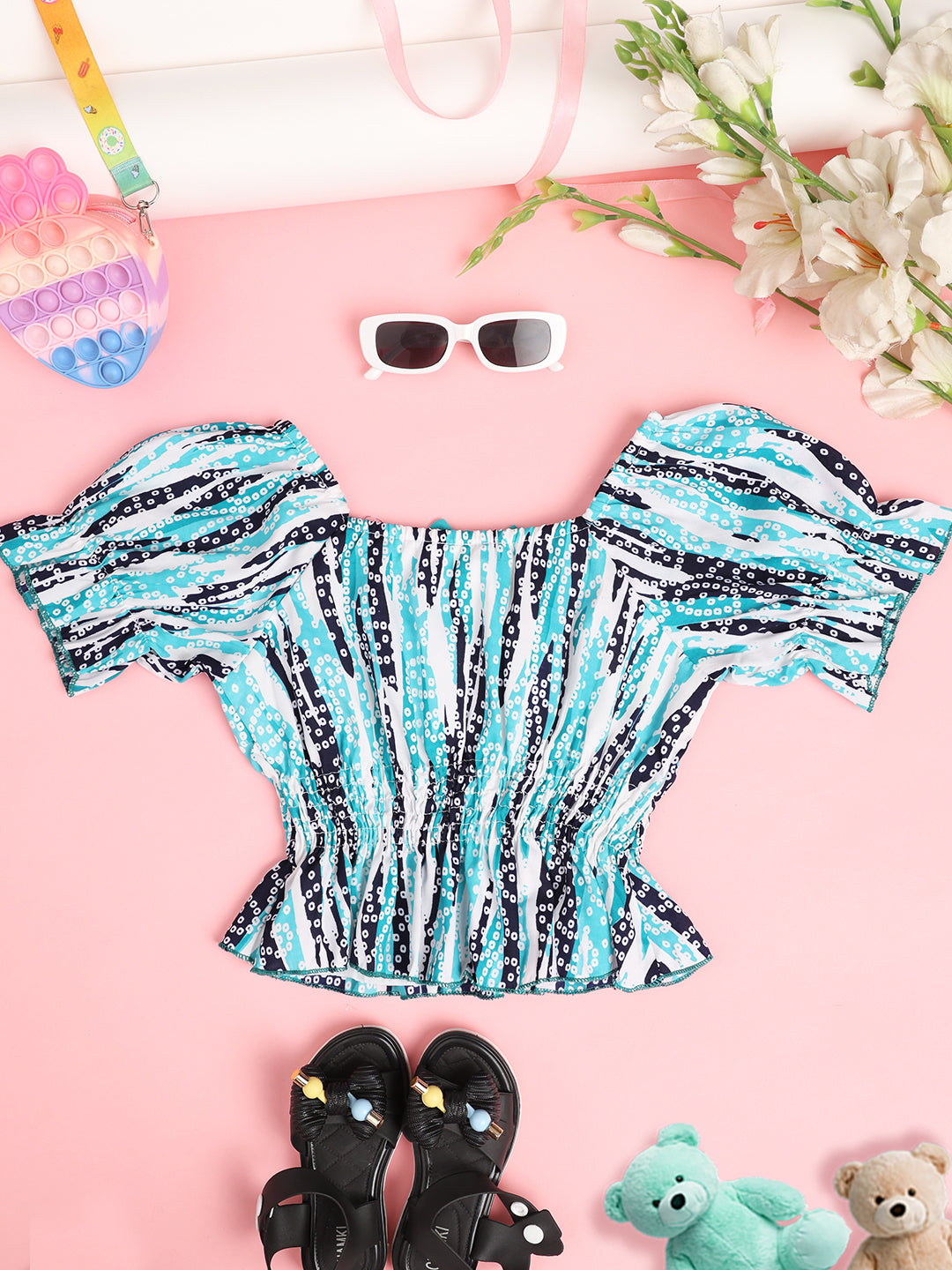 Cutiekins Girls Abstract Printed Puff Sleeve Cinched Waist Top -Turquoise Blue & Off White