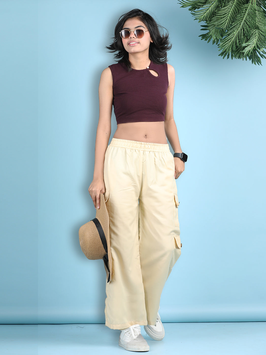 Cutiekins Girls Solid Embellished Top with Solid Cargo -Wine & Cream