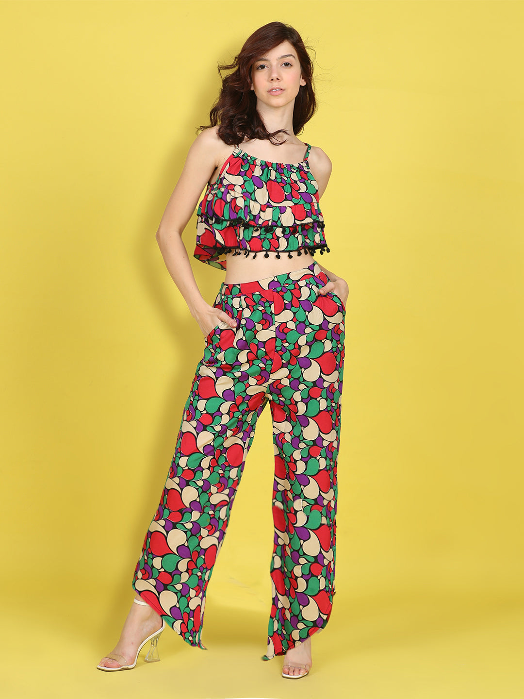 Cutiekins Girls Trendy Bold Style Printed Top & Palazzo Co-ord Set -Red & Multi