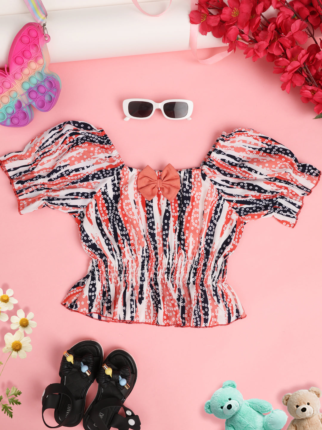 Cutiekins Girls Abstract Printed Puff Sleeve Cinched Waist Top -Pink & Off White