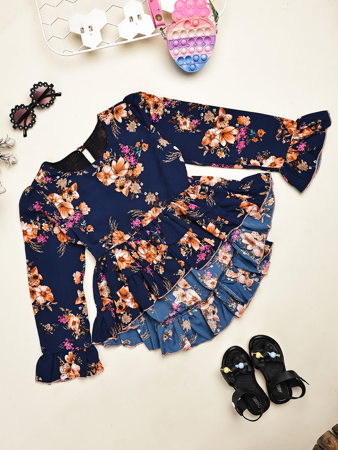 Cutiekins Girls Adorable Floral Print Casual Top -Navy Blue & Rust