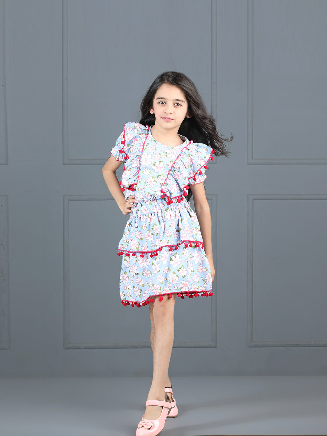 Cutiekins Girls Floral Printed Embellished Top With Printed Skirt -Sky Blue & Pink