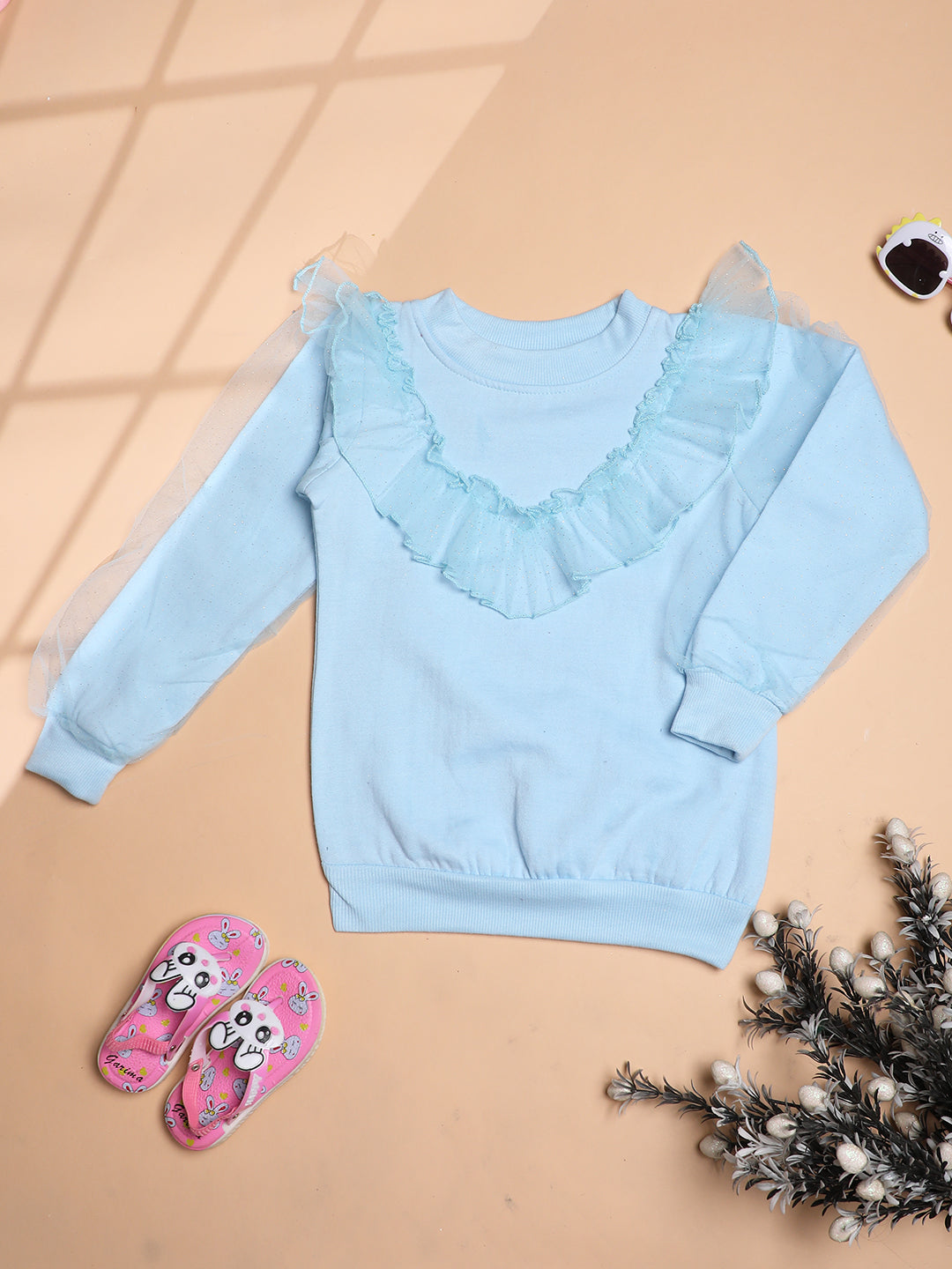 Cutiekins Girls Solid Embellished Trendy Winter Sweatshirt -Sky Blue