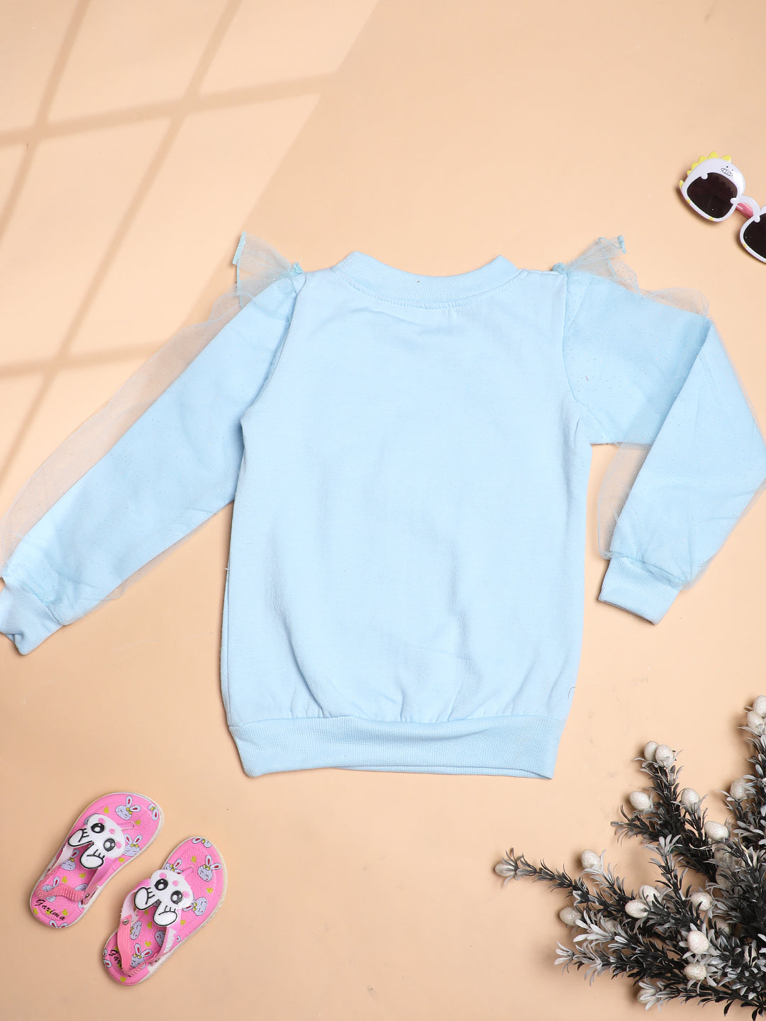 Cutiekins Girls Solid Embellished Trendy Winter Sweatshirt -Sky Blue