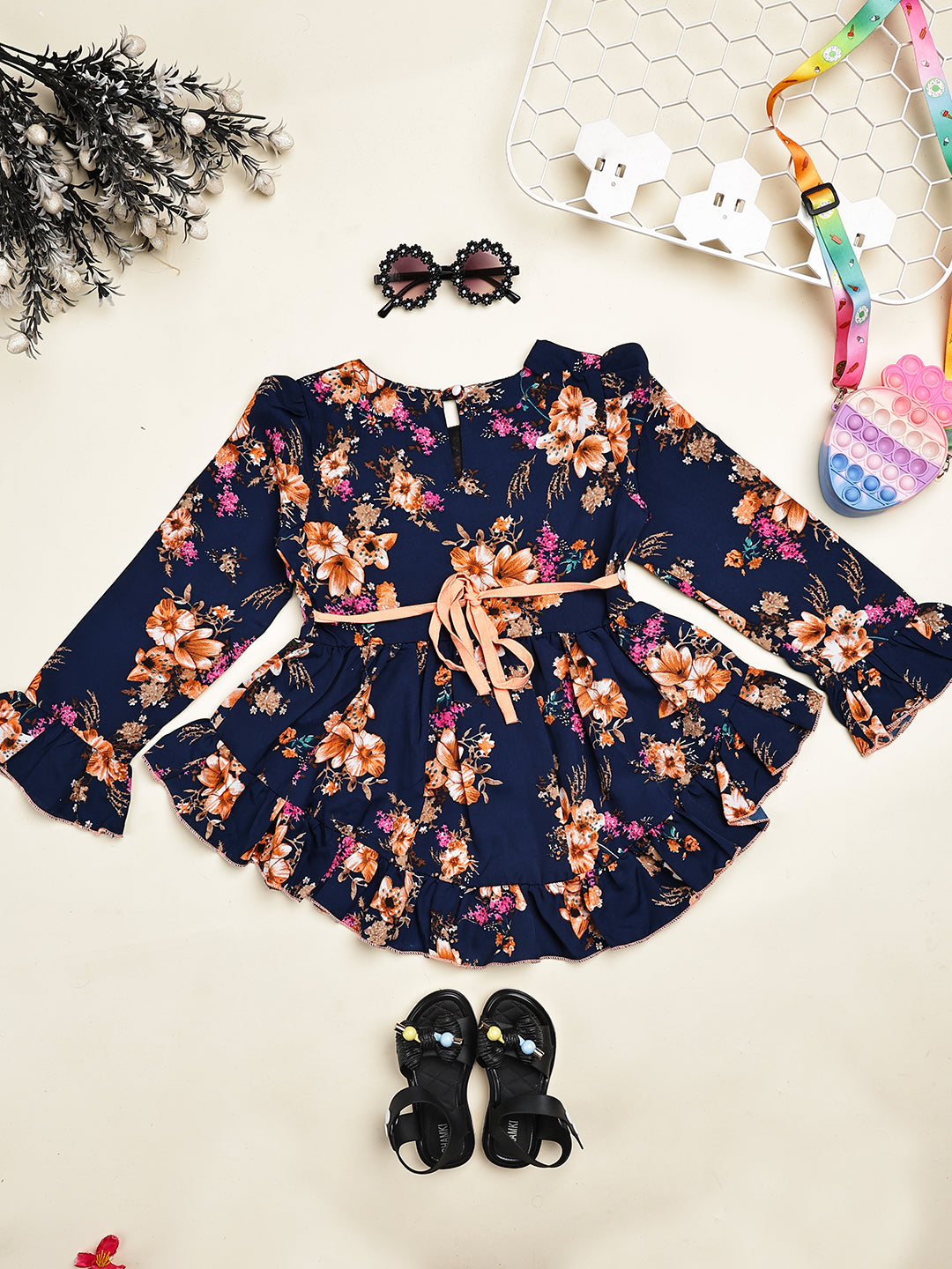 Cutiekins Girls Adorable Floral Print Casual Top -Navy Blue & Rust