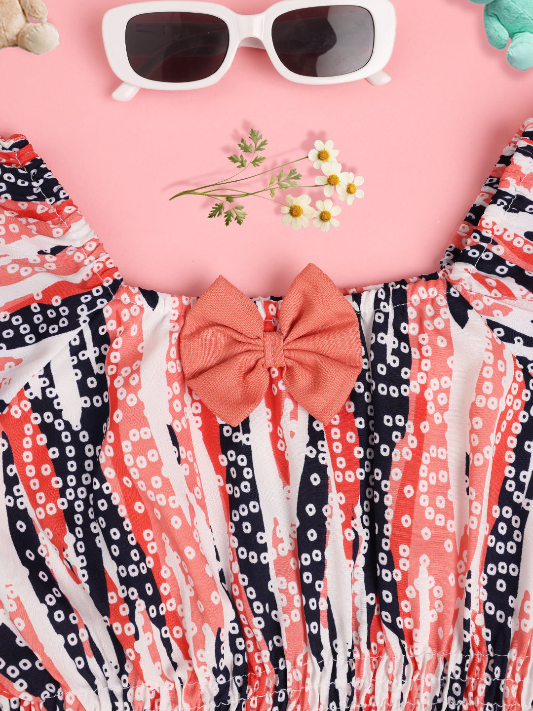 Cutiekins Girls Abstract Printed Puff Sleeve Cinched Waist Top -Pink & Off White