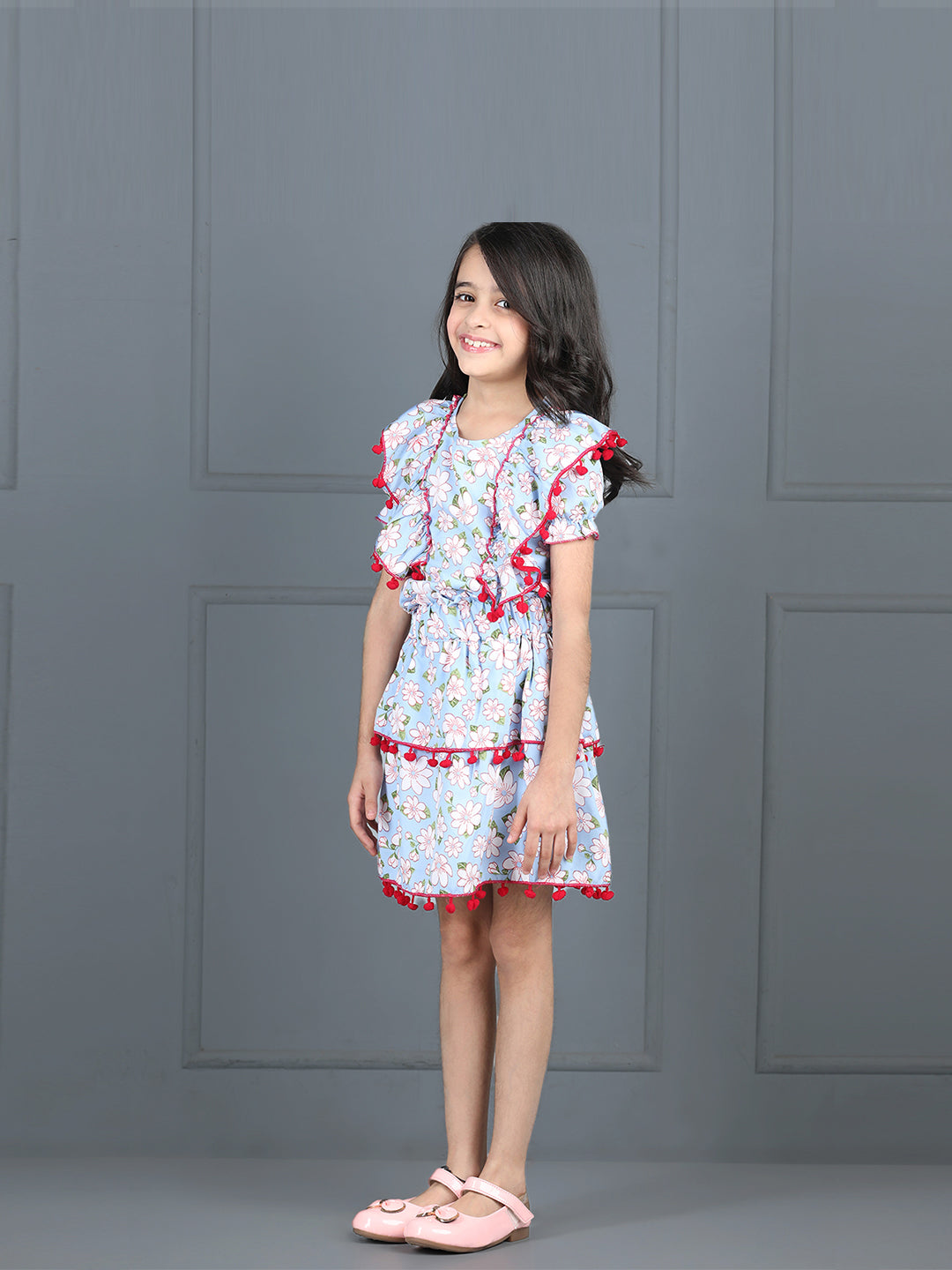 Cutiekins Girls Floral Printed Embellished Top With Printed Skirt -Sky Blue & Pink