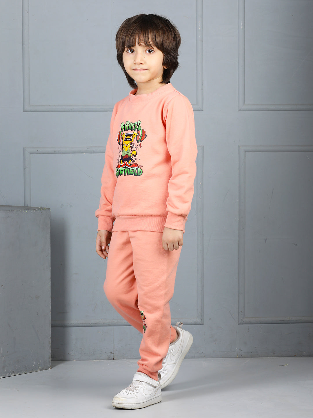 Cutiekins Boys Graphic Print cozy Tracksuit -Peach & Green