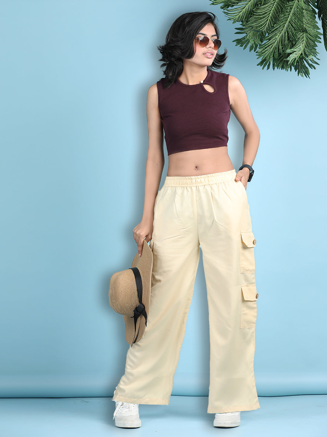 Cutiekins Girls Solid Embellished Top with Solid Cargo -Wine & Cream
