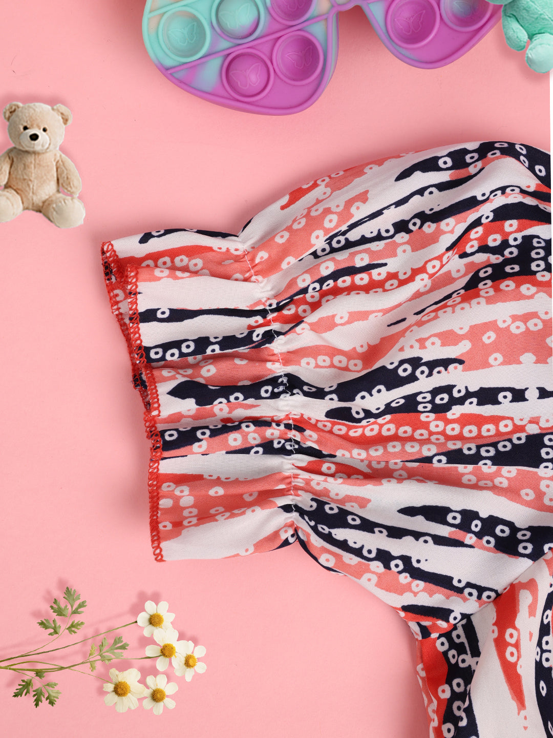 Cutiekins Girls Abstract Printed Puff Sleeve Cinched Waist Top -Pink & Off White