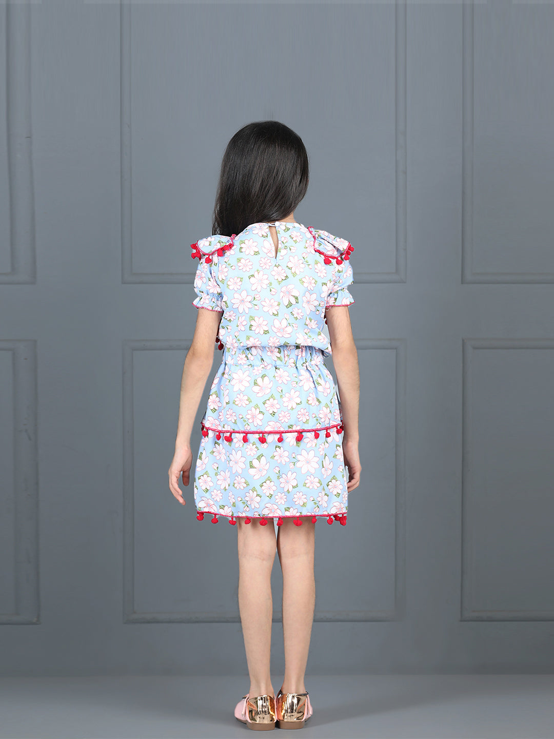 Cutiekins Girls Floral Printed Embellished Top With Printed Skirt -Sky Blue & Pink