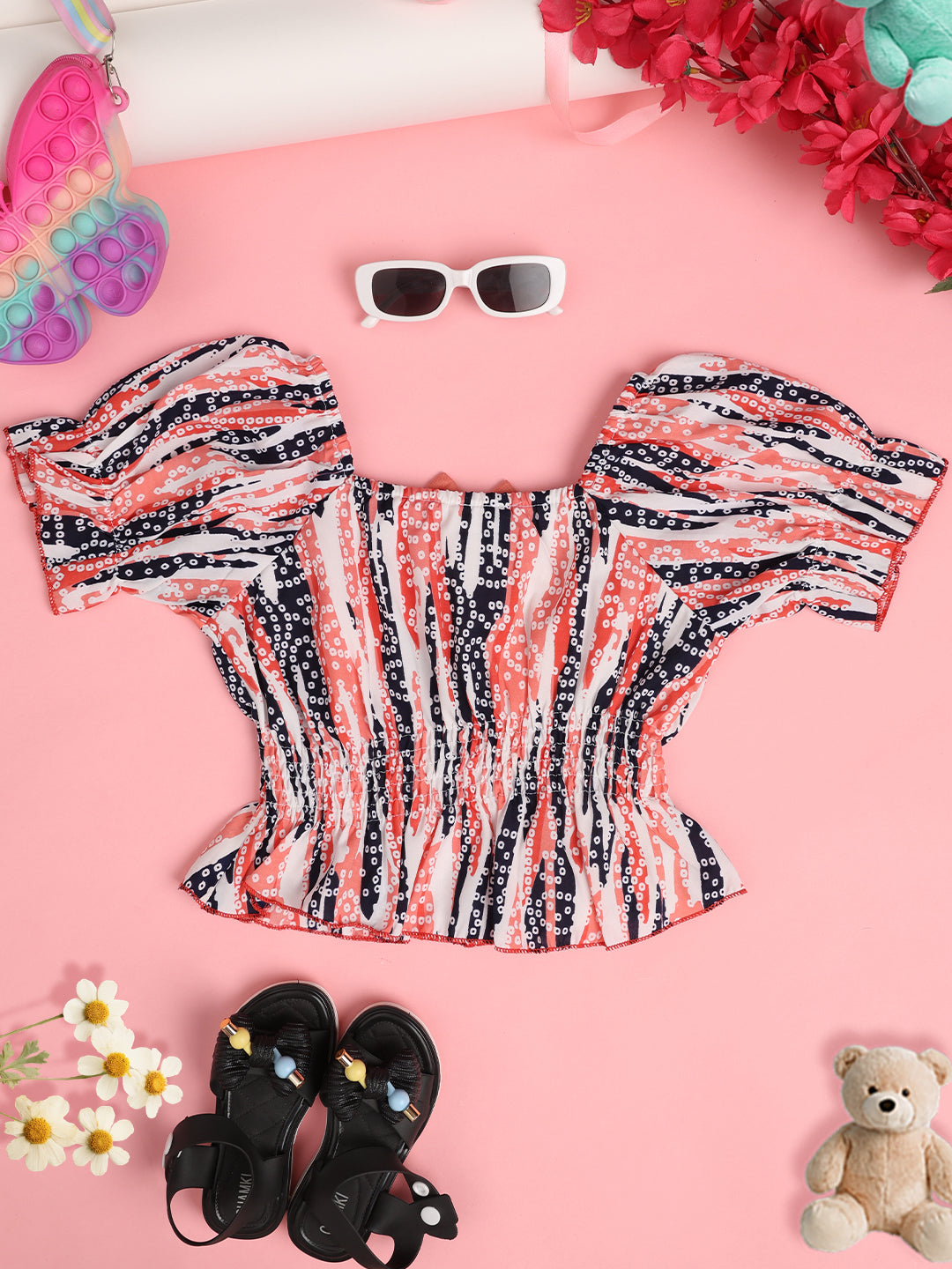 Cutiekins Girls Abstract Printed Puff Sleeve Cinched Waist Top -Pink & Off White