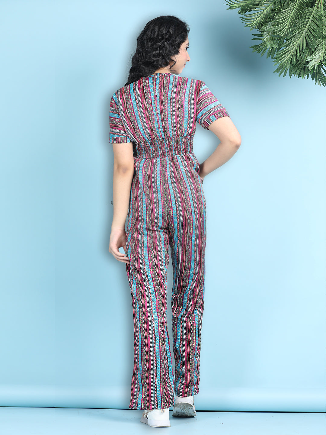 Cutiekins Girls Stylish Striped Print Embellished Jumpsuit -Pink & Multicolor