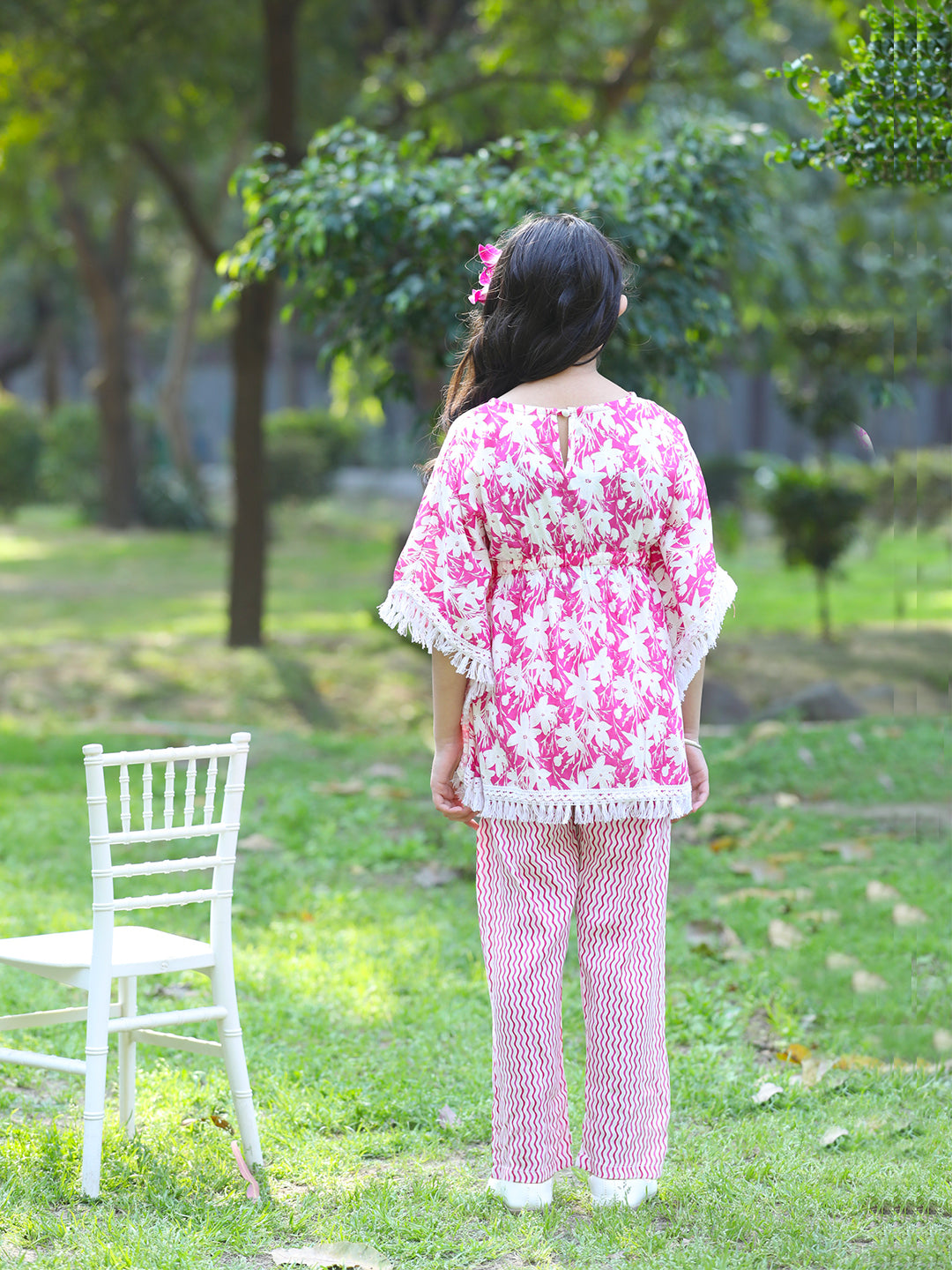 Cutiekins Girls Trendy Floral Print Kaftan Kurta and Palazzo Set -Magenta & White