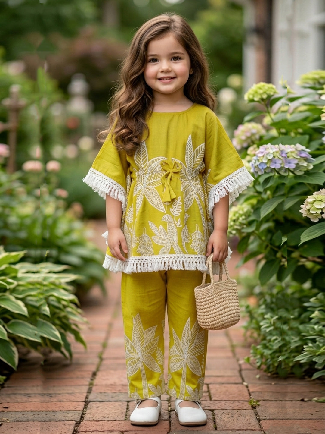 Cutiekins Girls Floral Print Top With Matching Trouser - Mustard & White