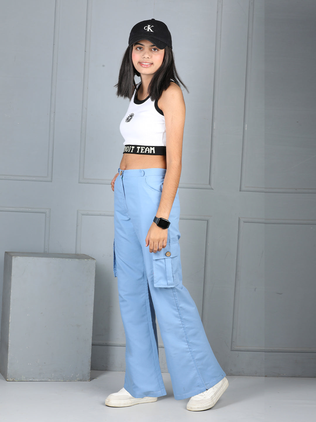 Cutiekins Girls Solid Polycotton Casual Cargo Pant -Light Blue