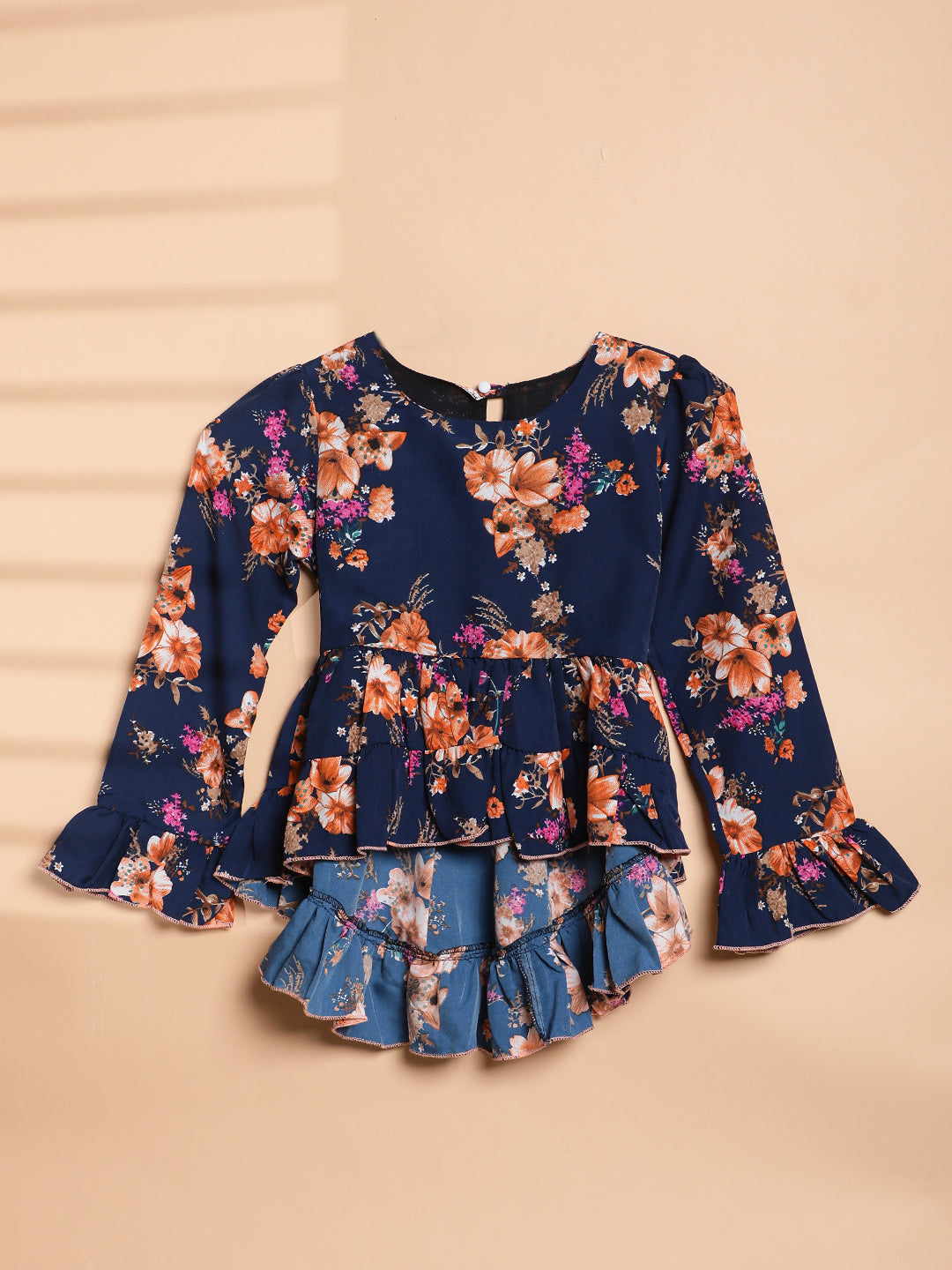 Cutiekins Girls Adorable Floral Print Casual Top -Navy Blue & Rust