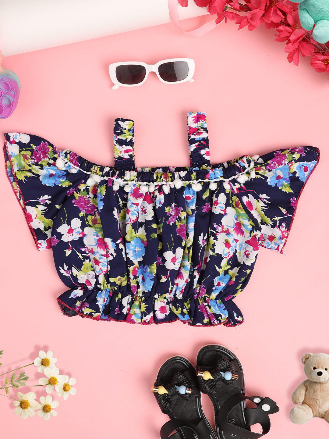 Cutiekins Girls Floral Printed Embellished Crop Top- Navy & Multi