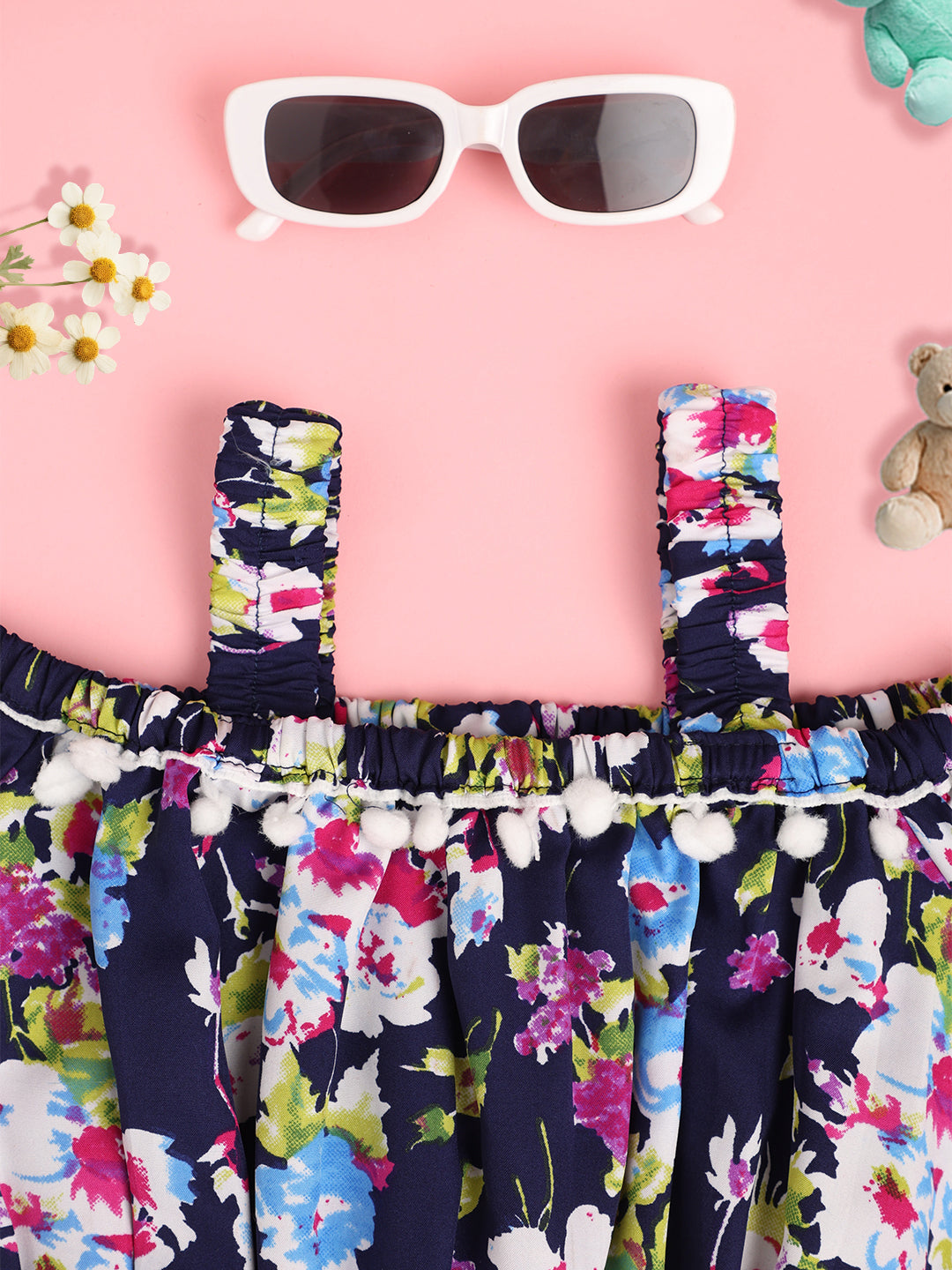 Cutiekins Girls Floral Printed Embellished Crop Top- Navy & Multi