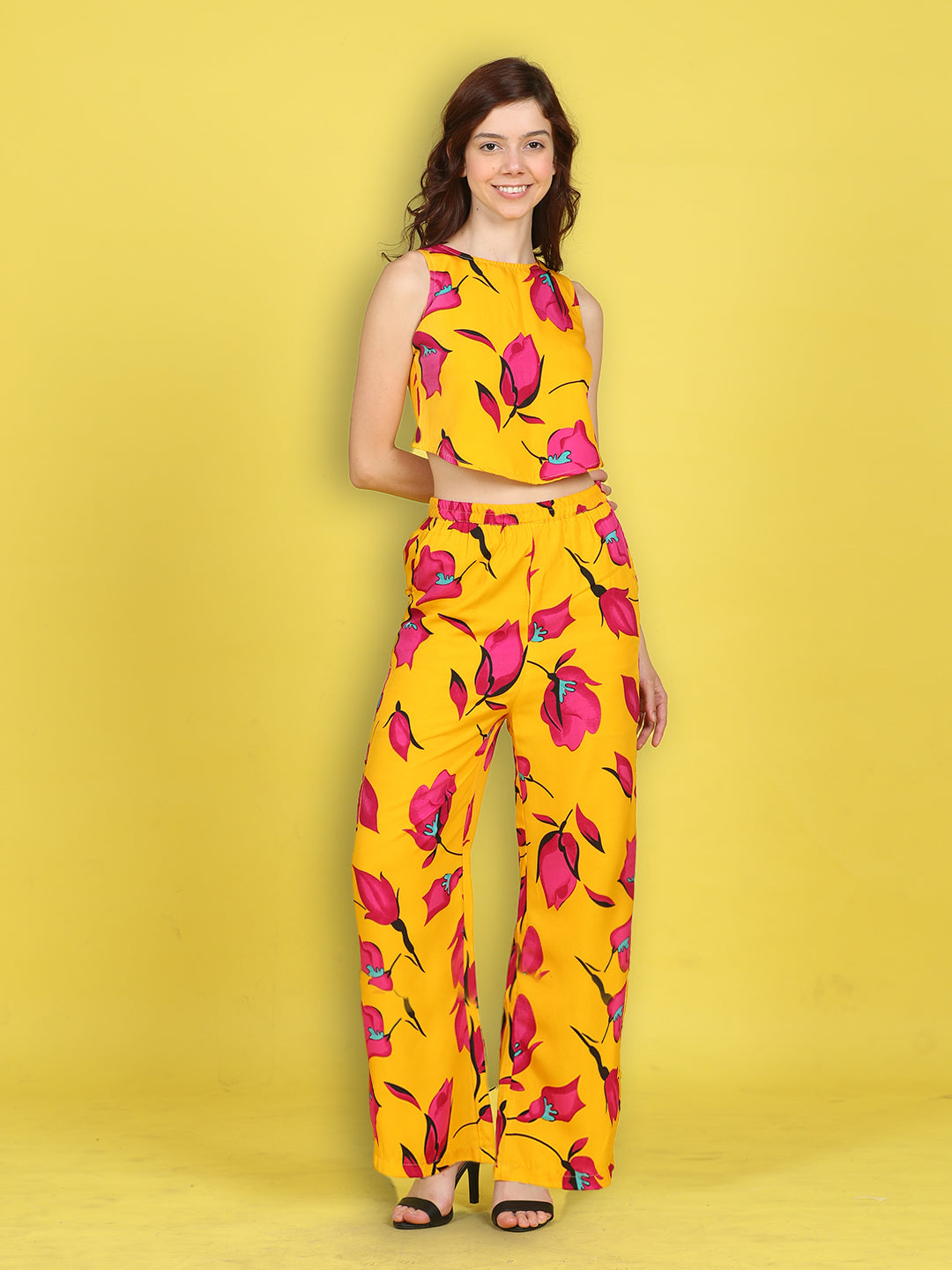 Cutiekins Girls Trendy Bold Style Printed Top & Palazzo Co-ord Set -Mustard & Dark Pink