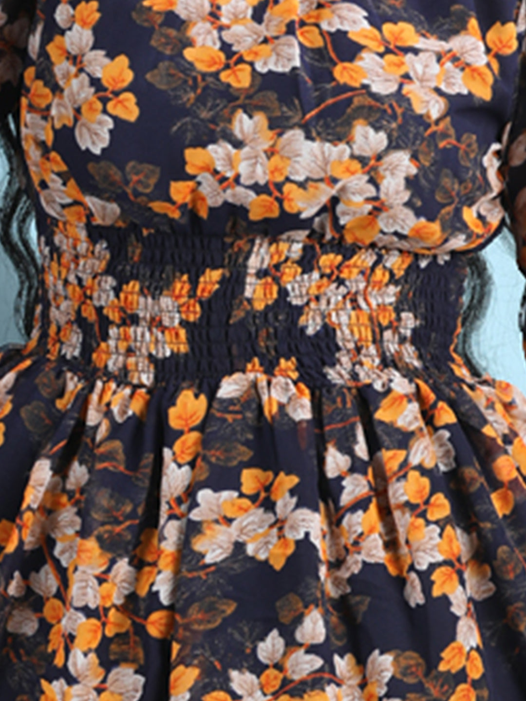 Cutiekins Girls Trendy & Stylish Floral Printed Dress -Navy Blue & Yellow