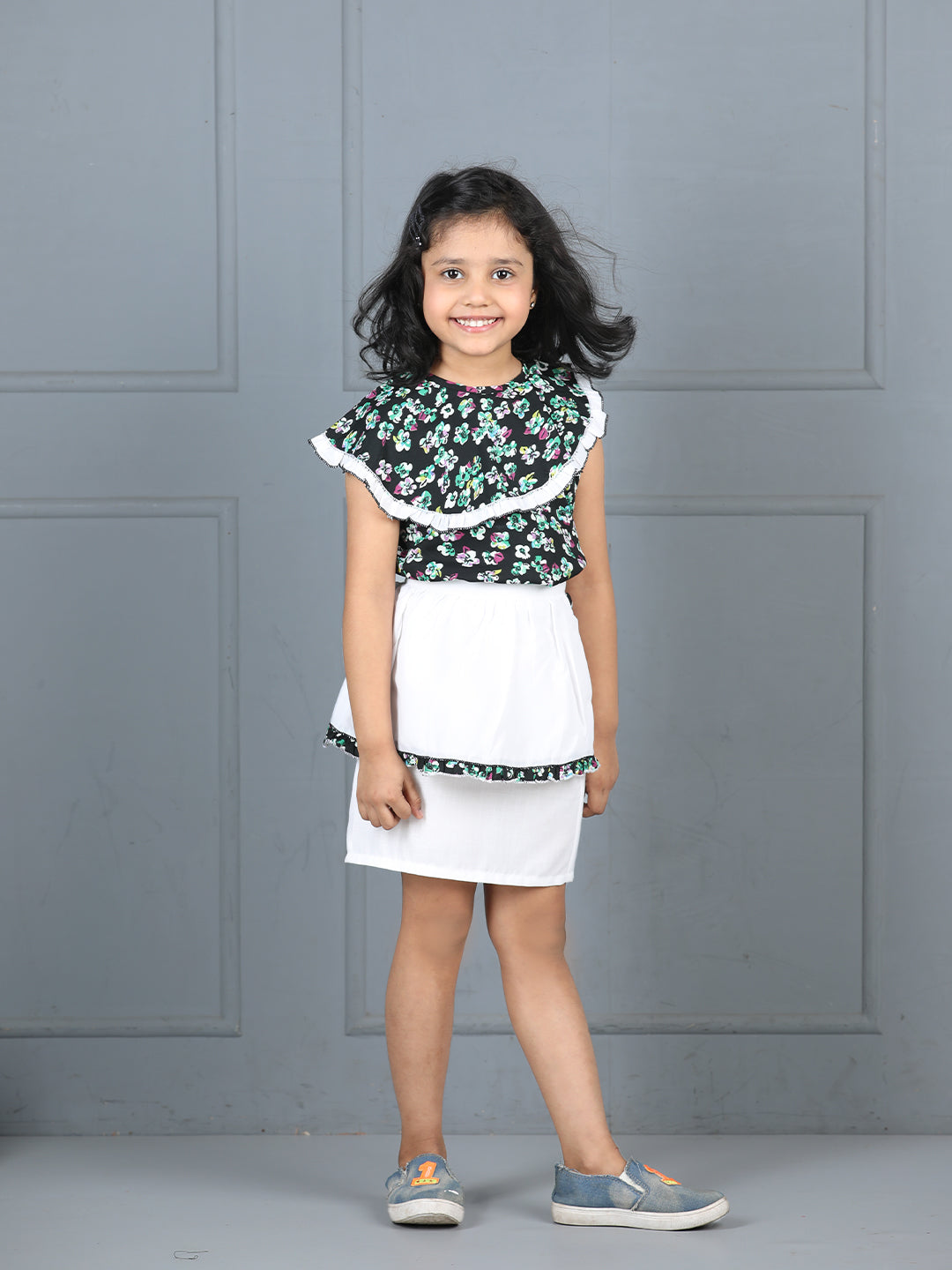 Cutiekins Girls Floral Printed Embellished Top With Solid Skirt -Black & Off White