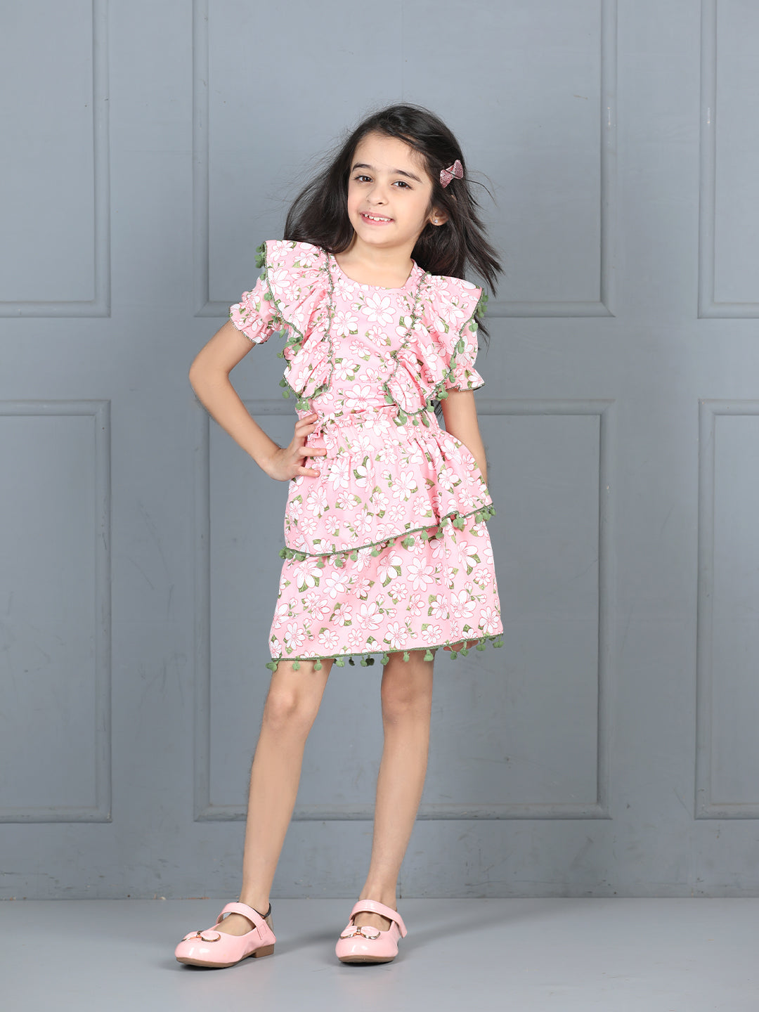 Cutiekins Girls Floral Printed Embellished Top With Printed Skirt -Pink & Pista Green