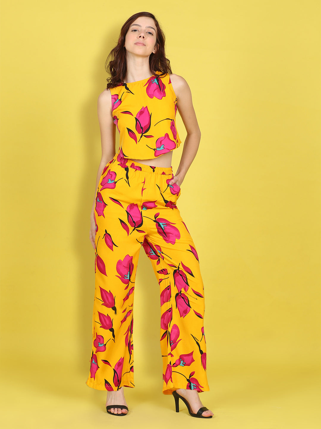 Cutiekins Girls Trendy Bold Style Printed Top & Palazzo Co-ord Set -Mustard & Dark Pink