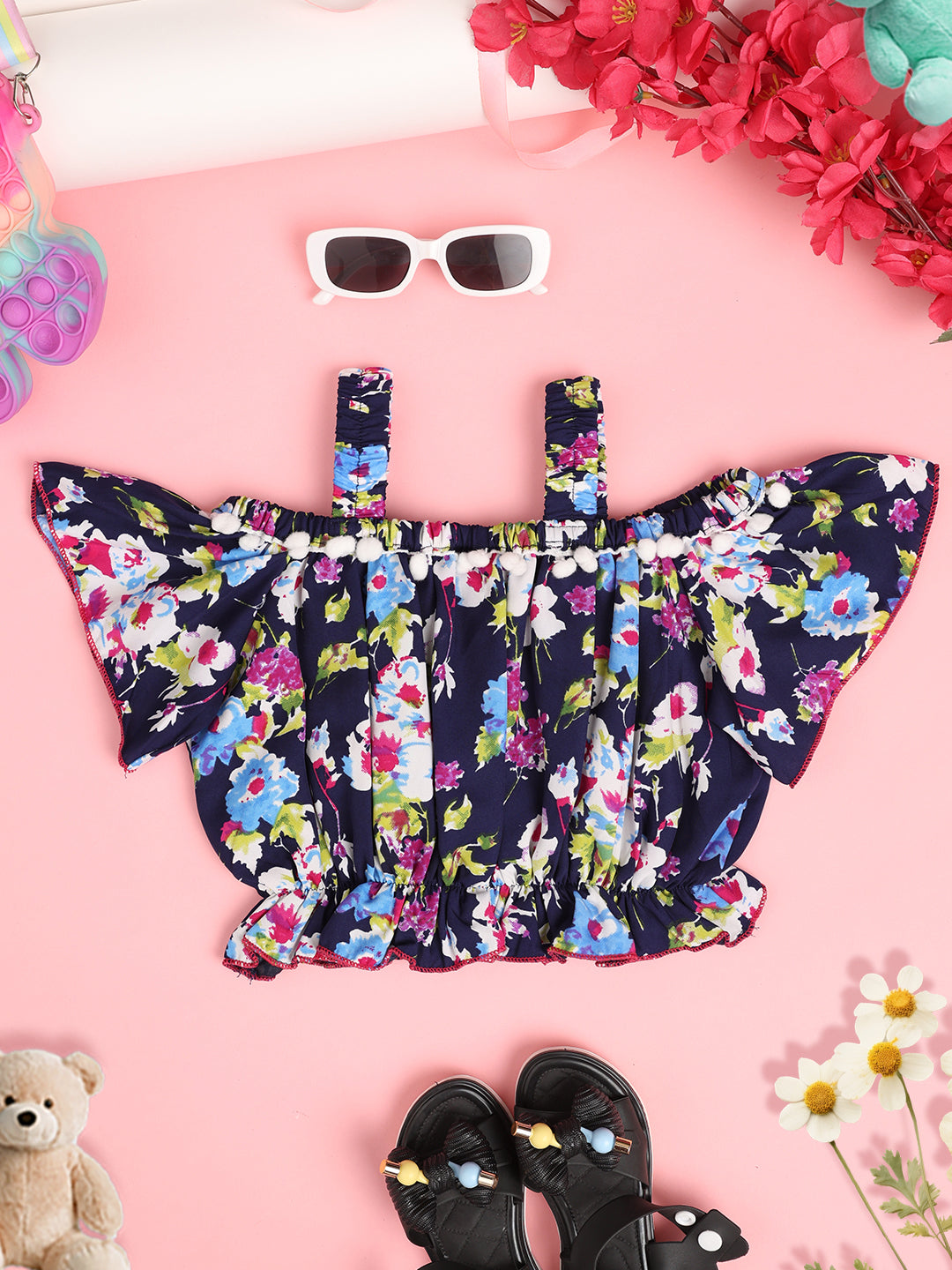 Cutiekins Girls Floral Printed Embellished Crop Top- Navy & Multi