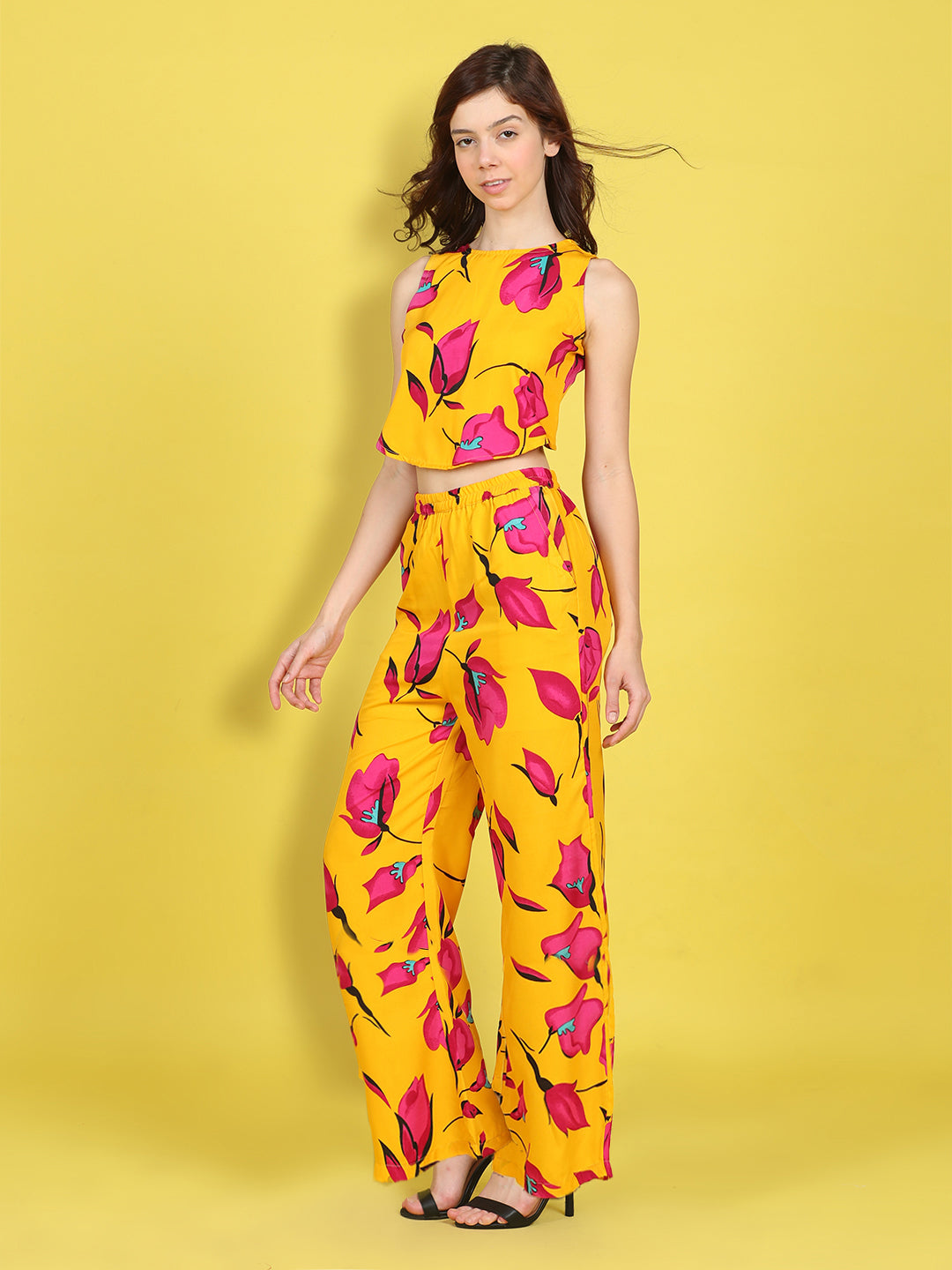 Cutiekins Girls Trendy Bold Style Printed Top & Palazzo Co-ord Set -Mustard & Dark Pink
