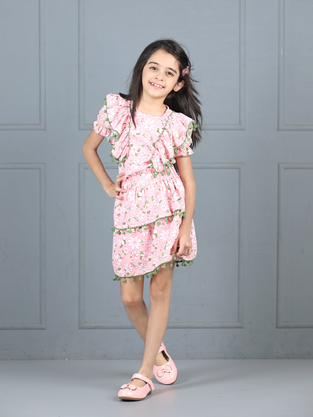 Cutiekins Girls Floral Printed Embellished Top With Printed Skirt -Pink & Pista Green