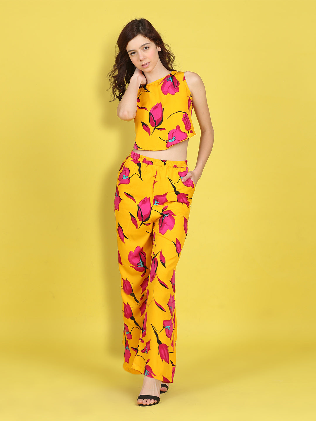 Cutiekins Girls Trendy Bold Style Printed Top & Palazzo Co-ord Set -Mustard & Dark Pink