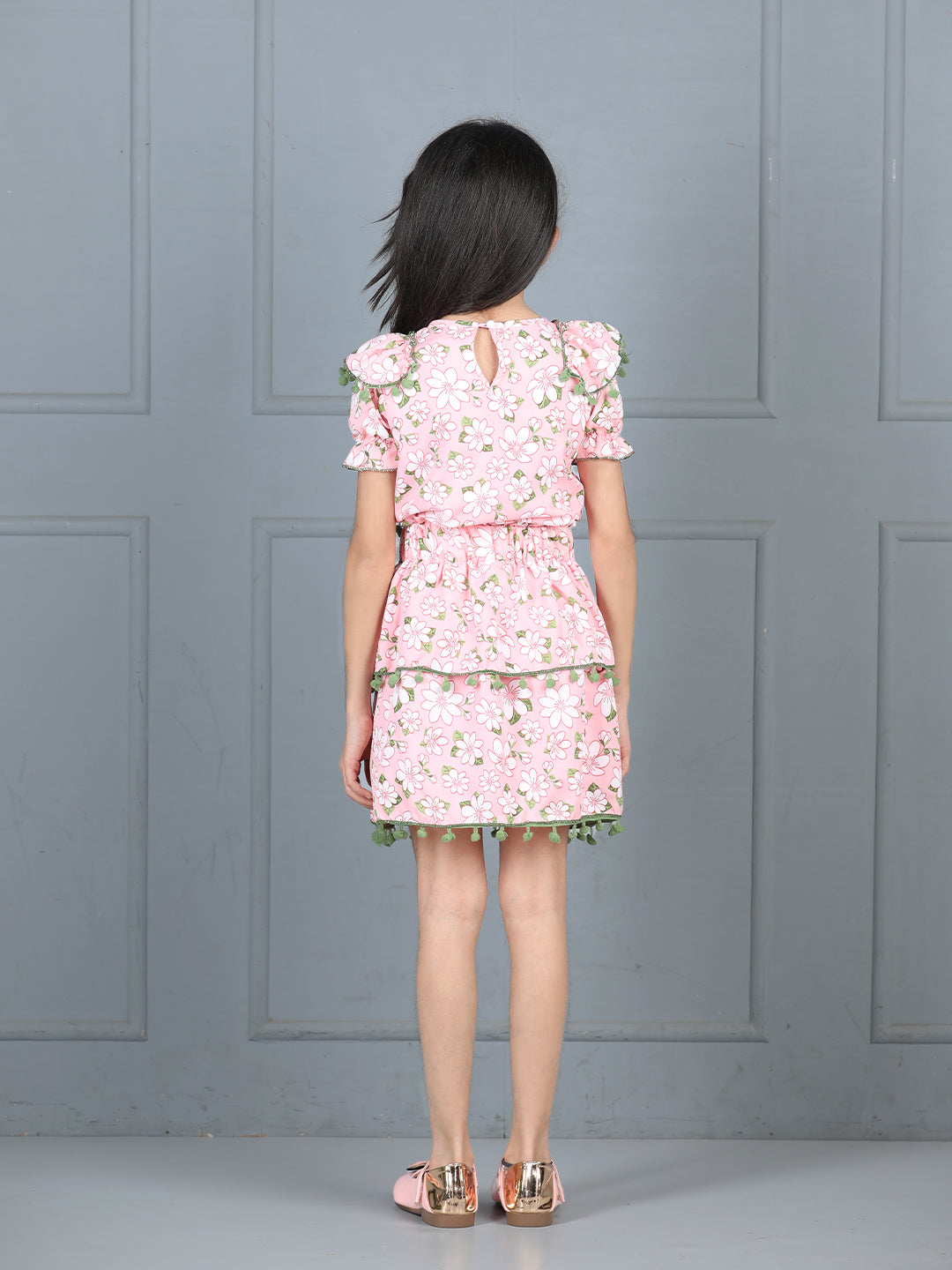 Cutiekins Girls Floral Printed Embellished Top With Printed Skirt -Pink & Pista Green