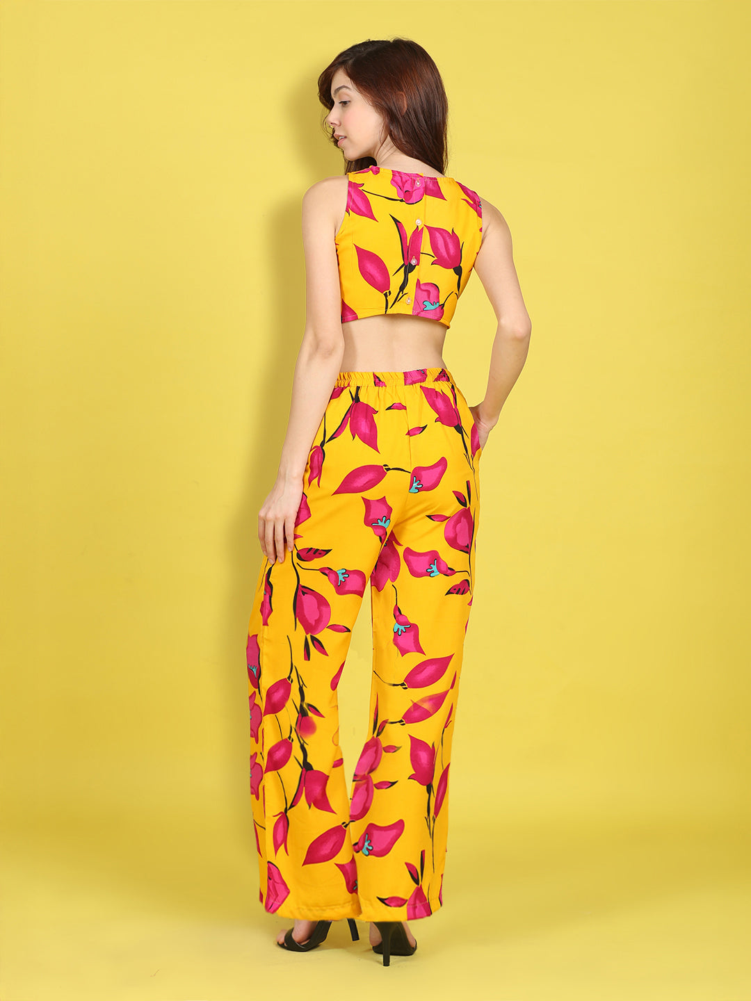 Cutiekins Girls Trendy Bold Style Printed Top & Palazzo Co-ord Set -Mustard & Dark Pink