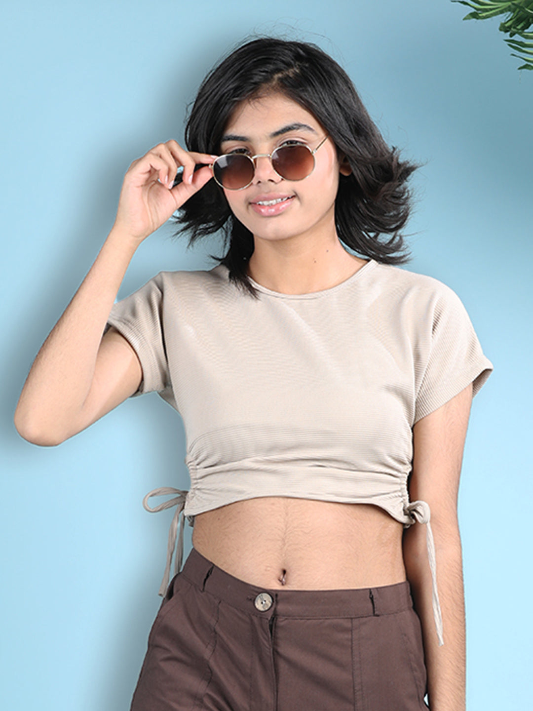 Cutiekins Girls Solid Embellished Stylish Tie-Ups Crop Top -Beige