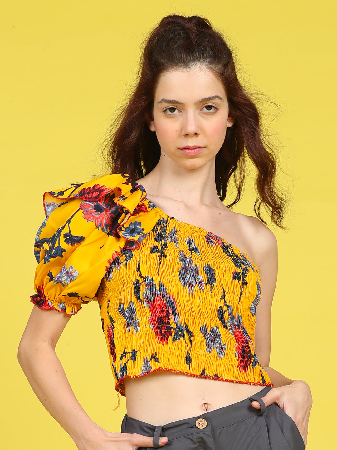 Cutiekins Girls Trendy Bold Style Printed Top -Mustard & Multi