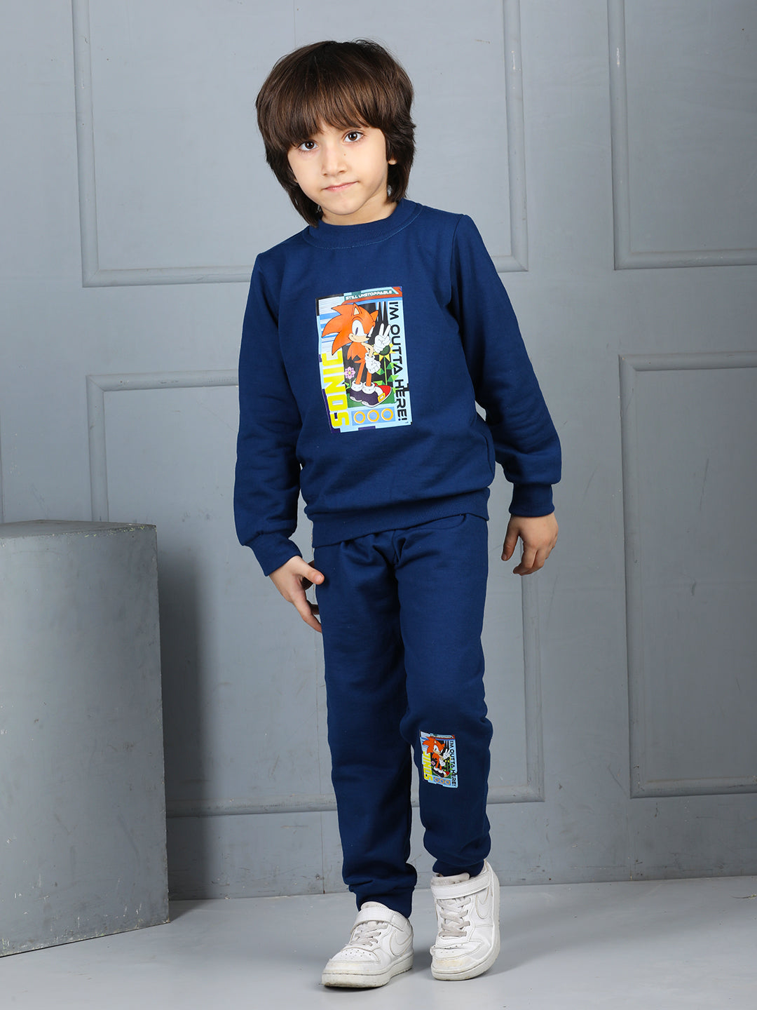 Cutiekins Boys Sonic Graphic Print cozy Tracksuit -Navy Blue & Orange
