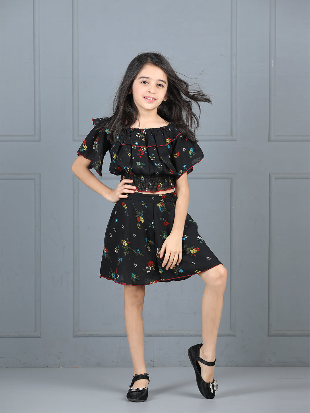 Cutiekins Girls Floral Printed Embellished Top With Printed Skirt -Black & Multi