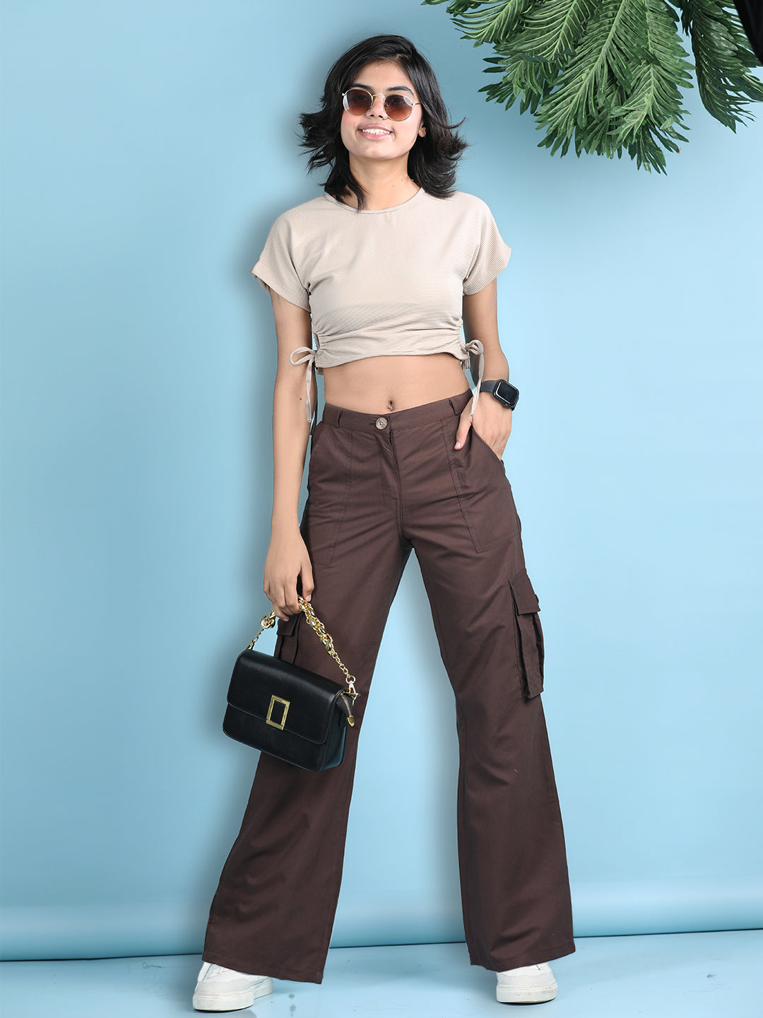 Cutiekins Girls Solid Embellished Top with Solid Cargo -Beige & Coffee Brown