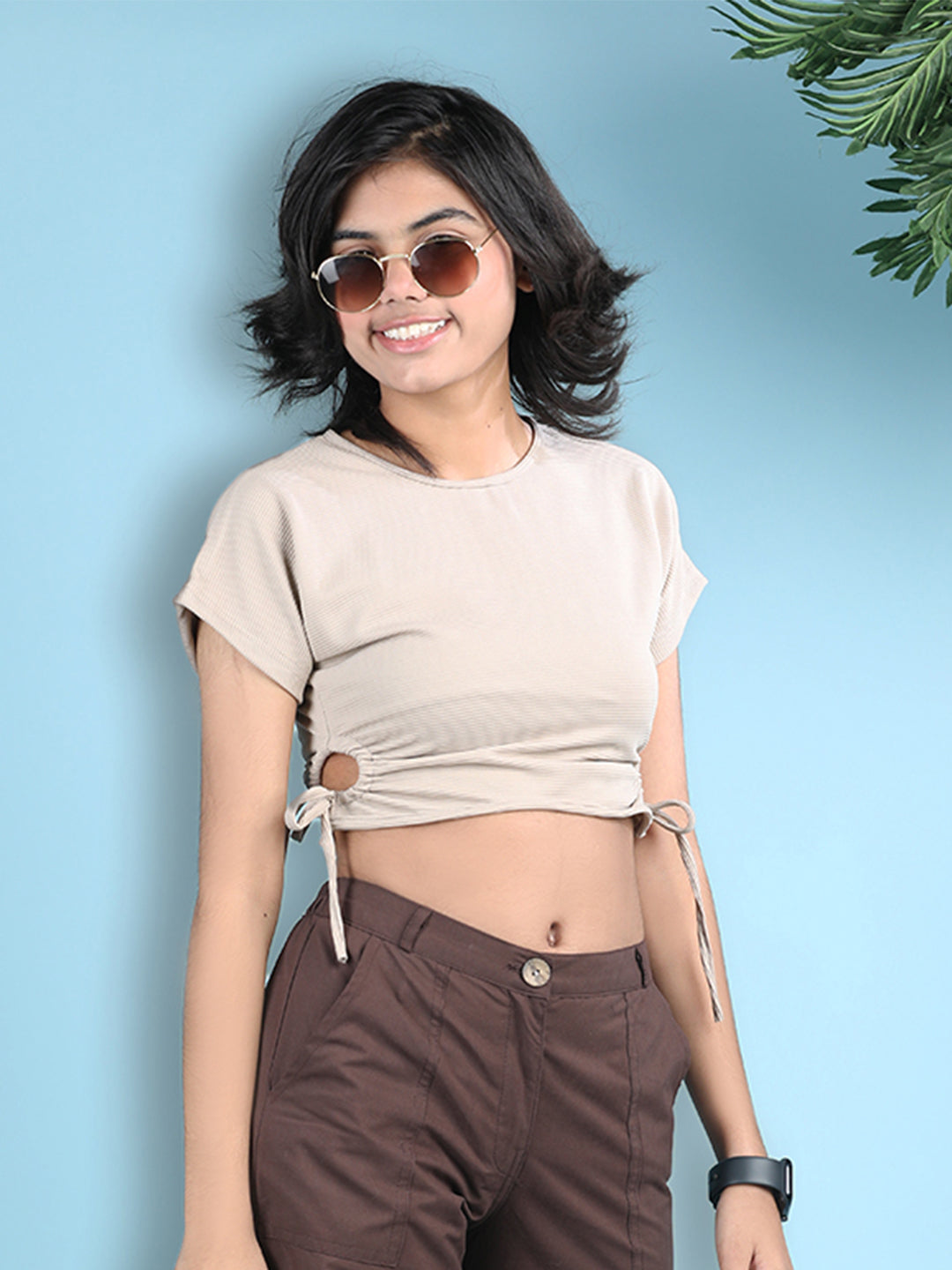 Cutiekins Girls Solid Embellished Stylish Tie-Ups Crop Top -Beige