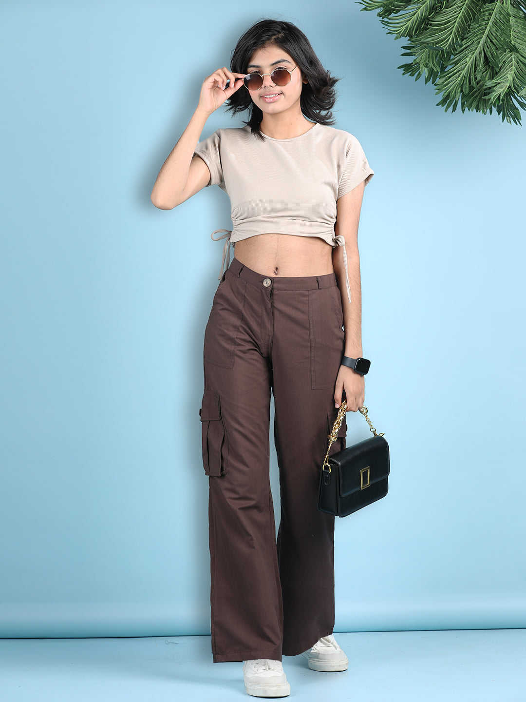 Cutiekins Girls Solid Embellished Top with Solid Cargo -Beige & Coffee Brown